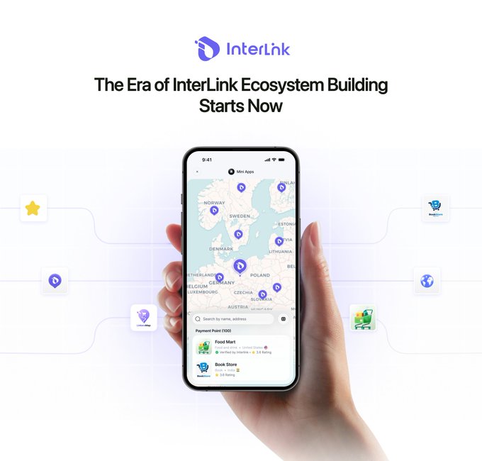 The image shows a hand holding an iPhone displaying a map with various locations marked, including some that appear to be food delivery services. The text above the image reads "The Era of Interlink Ecosystem Building Starts Now Next week, we will officially announce the first dApp to receive investment and incubation support @itl_fdn". This suggests that there is an upcoming event or announcement related to the development of a new app on the Interlink ecosystem. The hand holding the phone represents someone who has just received this information or is about to share it with others, possibly through social media or messaging apps.
