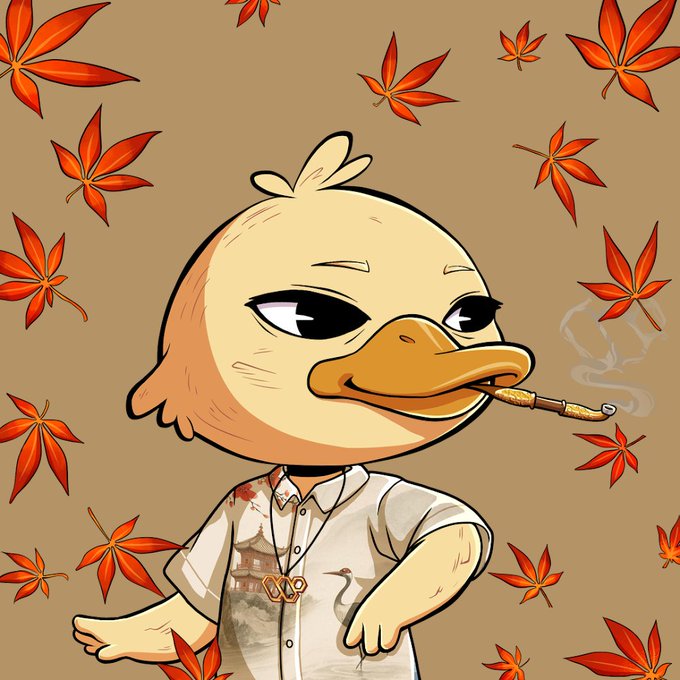 A cartoon illustration of a yellow duck smoking a cigar, wearing a patterned shirt, set against a background of scattered red maple leaves.