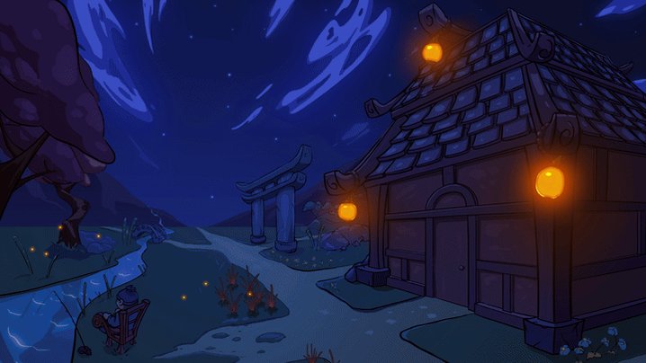 The image features a cartoon house with two lanterns on its roof, situated near a river surrounded by trees. The scene also includes a small stream running through the area. The image has been posted as part of a collection of NFT artworks, with the title "Today'S top 3 NFT collections on @EbisusBay" displayed at the bottom and the names of the artists involved in each collection listed below.