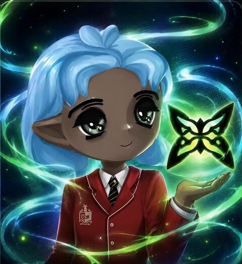 The image features a young girl with blue hair wearing a red school uniform, holding a butterfly in her hand. The background of the image is dark green, creating an atmosphere that complements the girl's appearance. There are no texts or other objects present in the image.