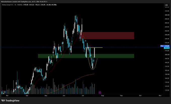 Nebius Group ($NBIS) daily chart showing a sharp drop below the ~$210 support zone (highlighted in green), forming an inverted head-and-shoulders pattern before rebounding back toward the $215 pivot area, with a red gap-fill zone marked above near $240-260. The price action supports the post's observation of a deviation below support followed by a recovery and gap-fill setup.