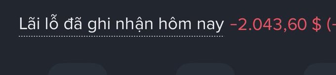 The image displays a financial summary in Vietnamese reading "Lãi lỗ đã ghi nhận hôm nay" (Realized profit/loss today) showing a figure of "-2.043,60 $" (a loss), which visually reinforces the post's message about the difficulty of trading and the harsh reality of sustaining losses despite past successes.