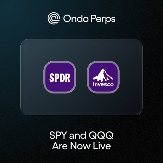 An announcement graphic from Ondo Perps featuring the SPDR and Invesco logos in purple tiles, with text reading "SPY and QQQ Are Now Live," highlighting the launch of perpetual futures trading for the SPY (S&P 500) and QQQ (Nasdaq-100) ETFs.