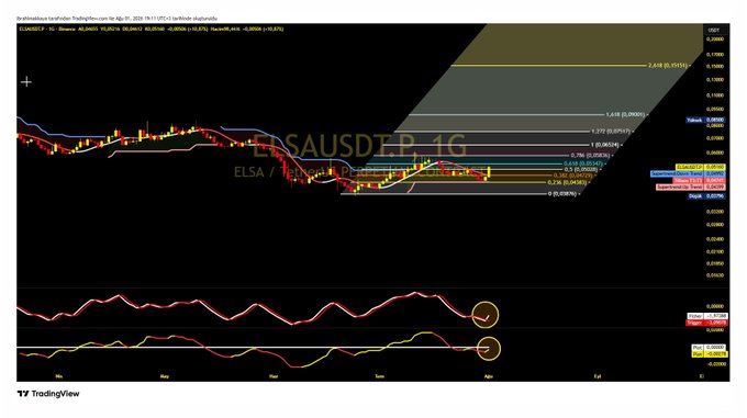 This chart shows the ELSA/USDT trading pair with key levels and indicator signals. The accompanying post suggests that ELSA has moved to the positive side above $0.04741, with an "AL" (buy) signal generated.
