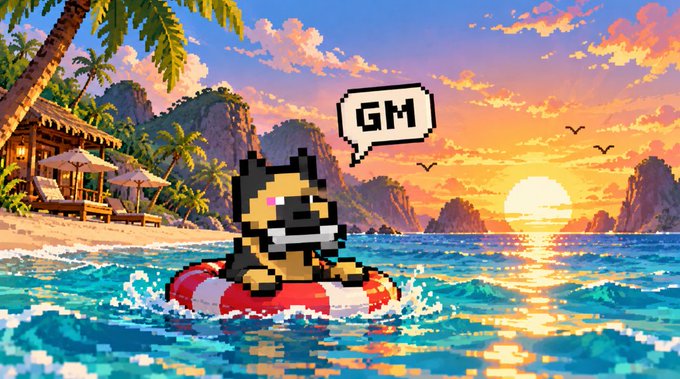 A pixel-art character with a mustache floats in a red-and-white swim ring on the ocean, with a speech bubble reading 'GM' against a tropical sunset.