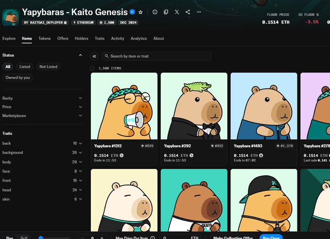 The image shows the Yapybaras NFT collection page on a marketplace, displaying the current floor price of 0.1514 ETH (down 3.5%) with various cartoon capybara NFTs listed, each priced at approximately 0.1514 ETH. This relates to the post by illustrating the dramatic price collapse of Kaito's Yapybara NFTs, which have fallen roughly 100x from their peak of 1 ETH (10x the current 0.1 ETH floor price), visually confirming the steep decline mentioned.