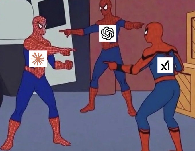 The 'Three Spider-Men pointing at each other' meme, with logos for Claude, ChatGPT, and xAI placed over the three characters to represent confusion about which AI is which.