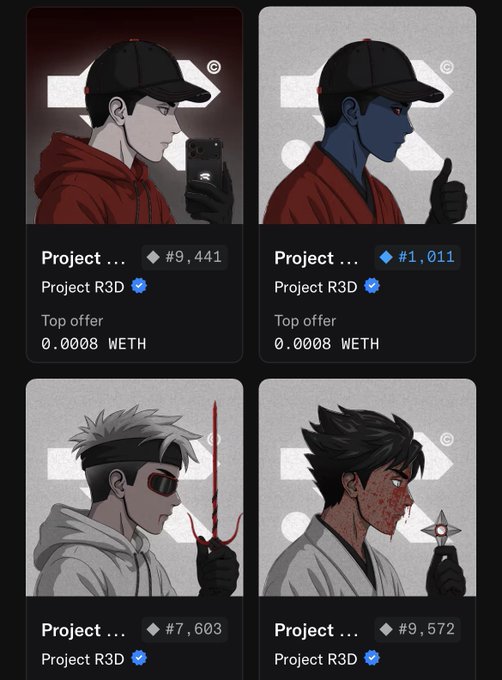 A digital art marketplace displaying four Project R3D NFT character cards with bids in WETH, including a blue-skinned character with item #1,011 and a top offer of 0.0008 WETH.