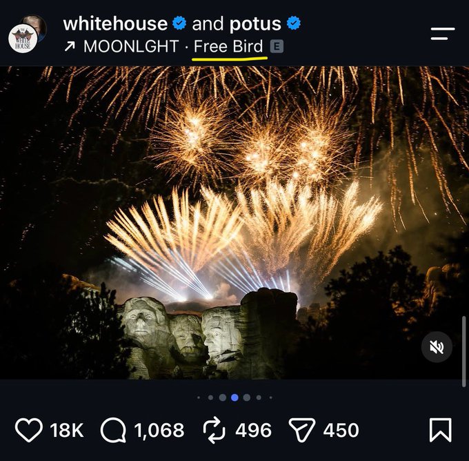 The Instagram post from @whitehouse (18K likes, 1,068 comments) shows a fireworks display lighting up the night sky above Mount Rushmore. The caption "Free the Bird" appears as an overlay and likely references the bald eagle shown in the account's profile picture, with the fireworks serving as a patriotic symbol of freedom.