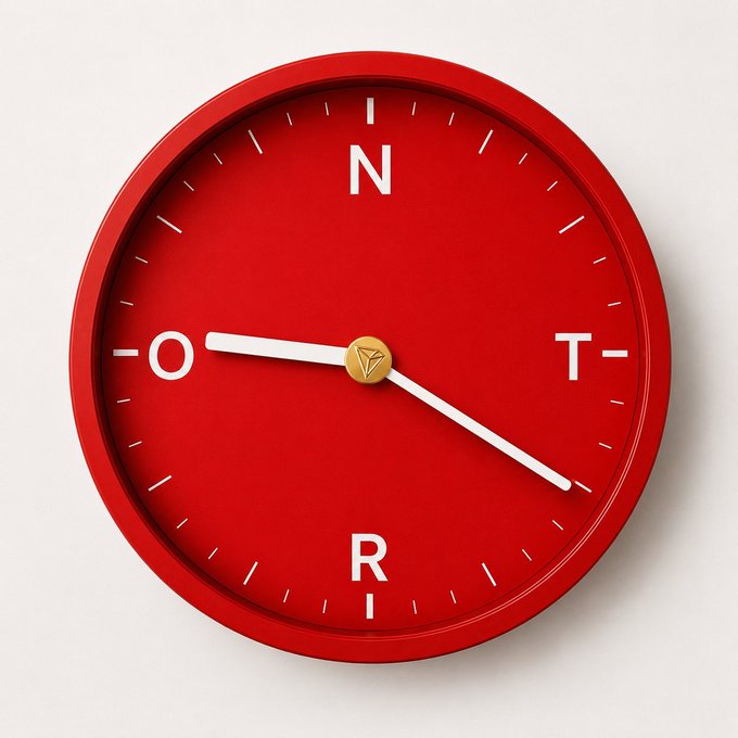 A red wall clock displays the letters N, O, T, and R positioned at the four cardinal points, spelling "NOT R" (with a partial "N" visible at the top). The image serves as a visual metaphor for the post's message about TRON's focus on creating lasting value—through core needs like asset transfers, stablecoins, payments, and Web3 infrastructure—rather than fleeting trends, with the clock symbolizing time and long-term durability.