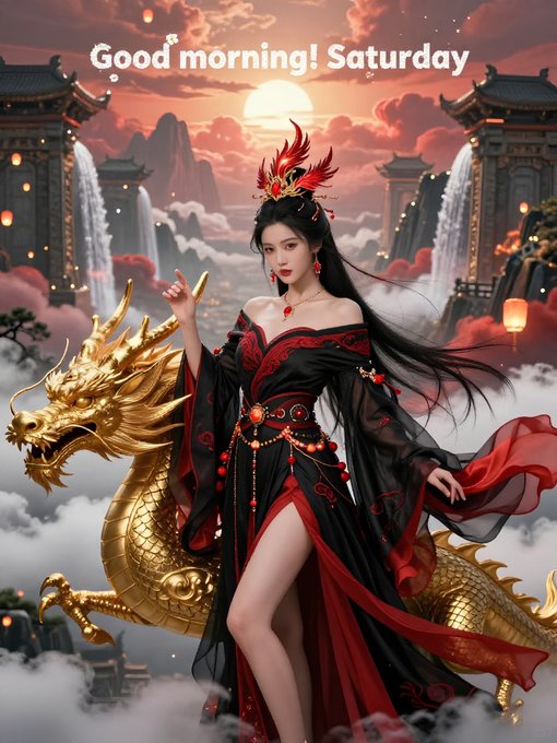 A fantasy illustration features a woman in flowing black and red robes standing beside a golden dragon, with "Good morning! Saturday" text at the top.