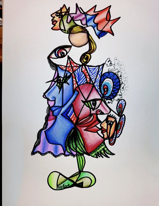 An abstract cubist-style colored pencil drawing features overlapping faces, a sunflower-like circle, and floral elements in blue, red, green, and purple tones.