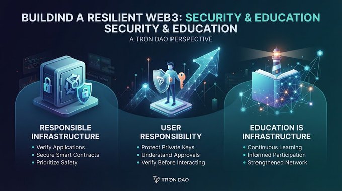 An infographic titled 'BUILDIND A RESILIENT WEB3: SECURITY & EDUCATION - A TRON DAO PERSPECTIVE' showing three pillars: Responsible Infrastructure, User Responsibility, and Education is Infrastructure.