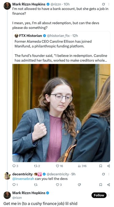 A screenshot of Twitter/X posts from Mark Riznn Hopkins (@rizzn) discussing Caroline Ellison of Alameda/FTX joining Manifund, with replies from @decentricity about getting 'in (to a cushy finance job)'.