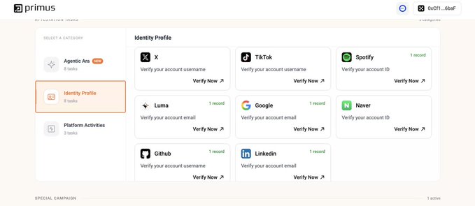 A screenshot of the 'primus' platform interface showing an 'Identity Profile' section with options to verify accounts including X, TikTok, Spotify, Luma, Google, Naver, Github, and LinkedIn, with categories like 'Agentic Arc' and 'Platform Activities' on the left.