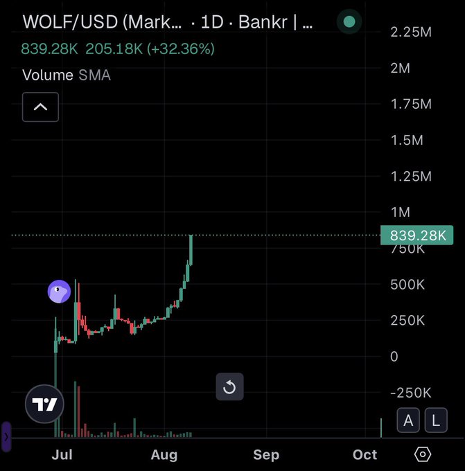 A TradingView chart showing WOLF/USD on Bankr exchange with a 1D timeframe, displaying a 32.36% increase to 839.28K volume and 205.18K price value across July to October.