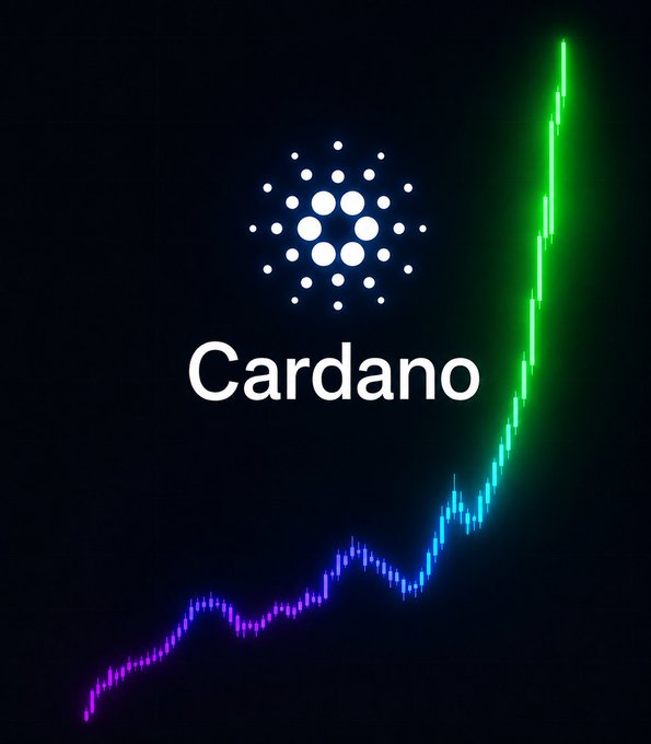 A Cardano (ADA) promotional graphic featuring its logo against a rising neon green and purple candlestick chart on a dark background.
