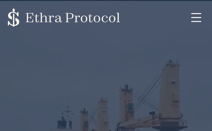 A minimalist website header for 'Ethra Protocol' displayed against a dark, industrial background featuring what appears to be shipping cranes.