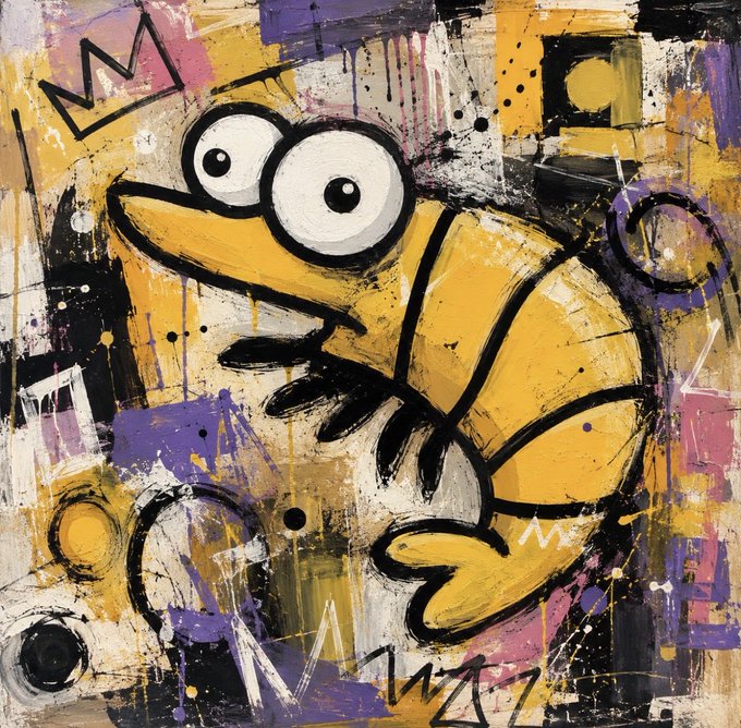 A graffiti-style painting of a wide-eyed yellow cartoon character with a crown and big nose on a purple and yellow background.