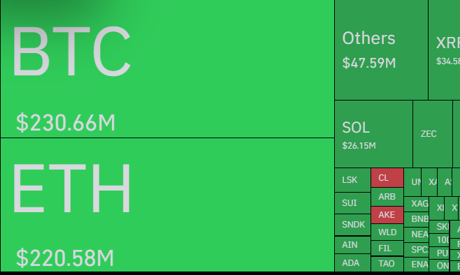A financial heatmap showing major cryptocurrencies with BTC at $230.66M and ETH at $220.58M as the largest, followed by Others, SOL, XRP, and other altcoins.