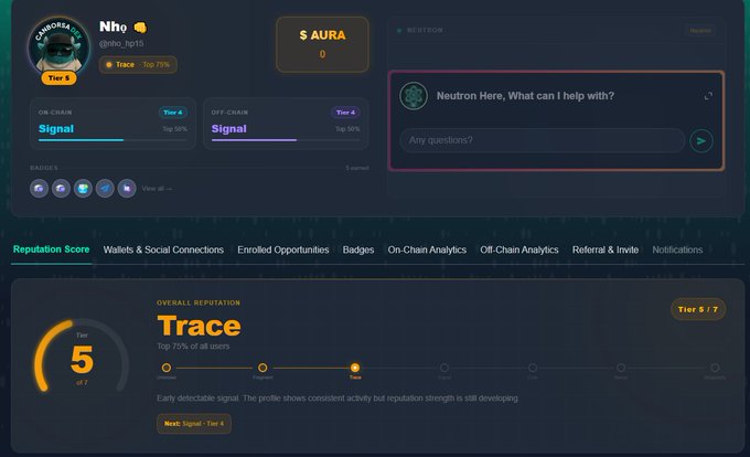 A screenshot of the Nucleus dashboard showing user "Nho" (@nho_tg15) at Tier 5 with a "Trace" reputation level (Top 75%), 0 AURA points, and various analytics tabs including Reputation Score, Wallets & Social Connections, and On-Chain/Off-Chain Signal ratings.

The image relates to the post by illustrating the Nucleus platform's reputation-tracking interface, where users can monitor their tier progression, earn AURA points, and analyze their on-chain and off-chain signal metrics as part of building their web3 reputation.