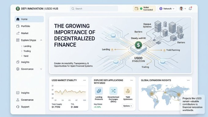 A dashboard interface for 'DEFI INNOVATION | USDD HUB' highlighting 'The Growing Importance of Decentralized Finance' with USDD stablecoin metrics, market stability charts, and global expansion insights.