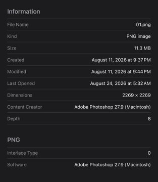 The image shows a metadata information panel for a PNG image file named "01.png," created in Adobe Photoshop 27.9 with dimensions of 2269 x 2269. The clean file details likely represent the raw digital artwork (a 1/1 NFT piece) referenced in the post, which was flipped from 1.69 SOL to 18.41 SOL as part of the creator's argument that NFT art still holds value.