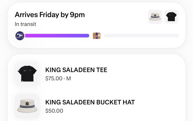 An online order tracking screen showing an in-transit package arriving Friday by 9pm, containing a "KING SALADEEN TEE" ($75.00, size M) and "KING SALADEEN BUCKET HAT" ($50.00).
