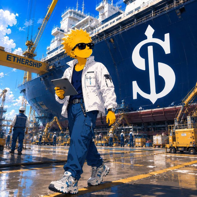 Anime-style yellow character with sunglasses and a white jacket holding a tablet, standing in front of a massive blue ship labeled 'ETHERSHIP' with a large dollar sign at a shipyard.