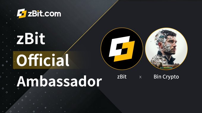 A dark promotional graphic reads “zBit.com” and “zBit Official Ambassador,” displaying the zBit logo alongside a circular portrait labeled “Bin Crypto.”