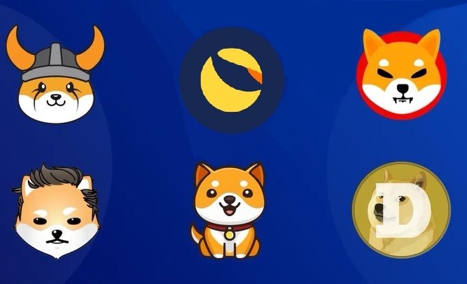 The image displays six circular cryptocurrency-themed icons arranged in two rows against a blue background, including a Shiba Inu with a Viking helmet (FLOKI), a yellow crescent moon logo (LUNC), a fierce Shiba Inu on red (SHIB), a Shiba Inu with styled hair (DOGE), a cartoon dog with a collar (BABYDOGE), and a Dogecoin (D). These visuals correspond to the accompanying post's listed tokens ($DOGE, $LUNC, $BABYDOGE, $FLOKI, $SHIB, $ELON), asking which will achieve 100x growth this year.