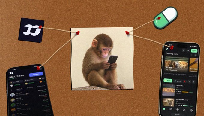 A photo of a monkey intently looking at a smartphone is pinned to a corkboard with red pins and string, surrounded by screenshots of crypto apps showing a "Phantom" wallet with $163,293.86 balance, a trending coins list featuring "The Most High," and a teal pill-shaped object—illustrating the post's message about a "fone Monkey" meme coin ready for a "second leg" pump after high-volume trading.