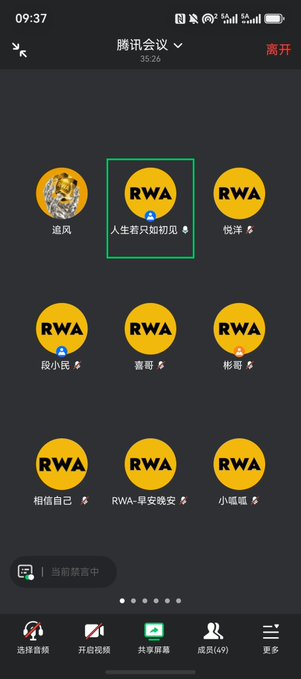 A Tencent Meeting screenshot showing the "RWA" group chat (人生若只如初见) highlighted among other meeting participants, with 49 members visible at the bottom. The image visually represents the ongoing daily communications and meetings referenced in the post about the RWA project's journey from its 20k launch to its current status.