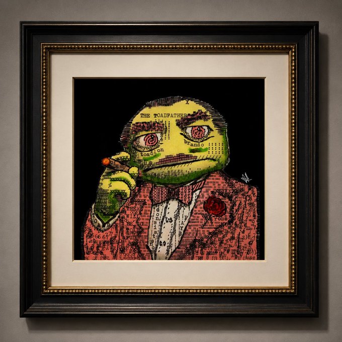 A framed artwork depicts "The Toadfather," a Frog/Pepe figure styled as a mafia don in a red pinstripe suit with a rose lapel, holding a cigar—text such as "The Toadfather," "Fando," and "Ross" appears throughout the collage-style illustration. The image ties to the post by showcasing the "badboy" framed piece being auctioned for 10 SOL.