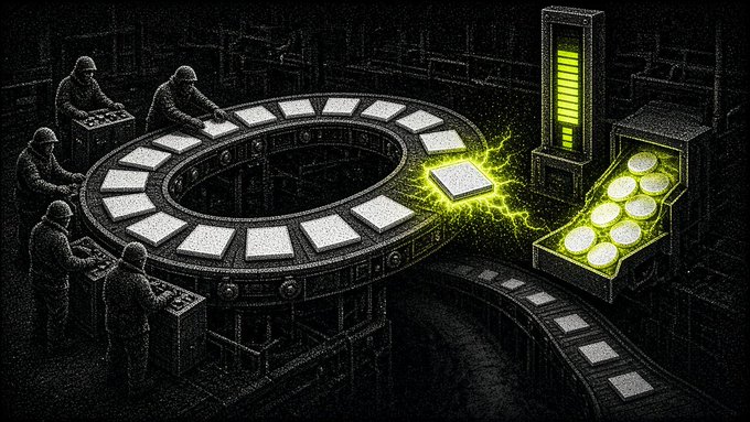 9: A dark, stylized digital illustration of hooded figures operating machinery on a circular conveyor belt system with glowing green batteries or energy cells stacked in containers.