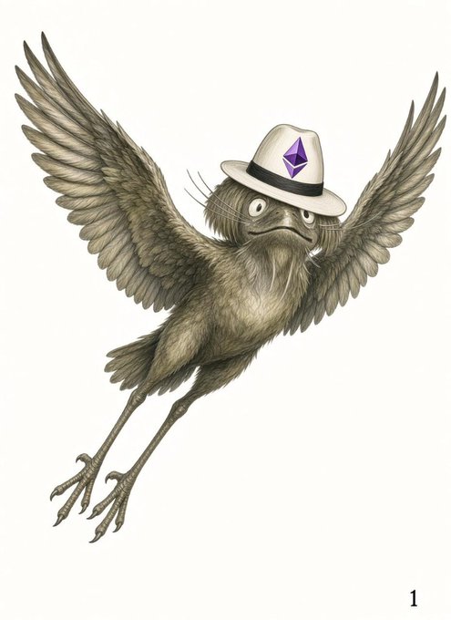 An illustration of a startled-looking bird-like creature with spread wings wearing a white fedora featuring a purple Ethereum logo.