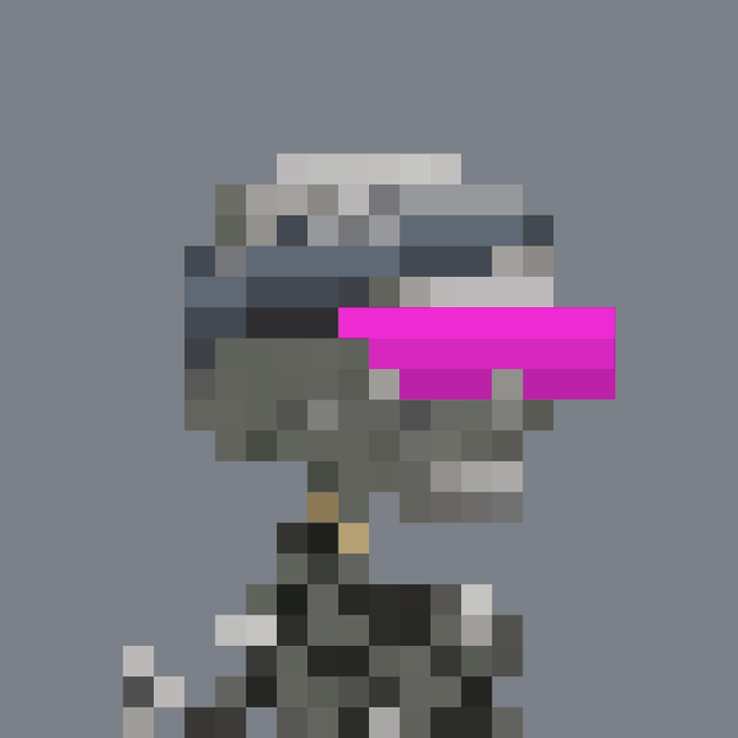 A heavily pixelated character sprite on a light blue background, featuring a helmet with a bright pink horizontal visor area and dark armor.