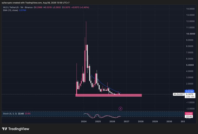 A TradingView cryptocurrency chart for the WLD/TetherUS pair on Binance, dated August 08, 2026, showing price at 0.3070 with EMA at 0.5784, displaying a significant price spike followed by a decline with Stoch RSI indicator below.
