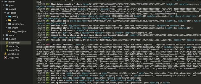 Code editor showing blockchain/Cargo project files including node0.log, node1.log, node2.log, and Cargo.toml, with terminal logs displaying consensus state, height=400, and block validation messages.