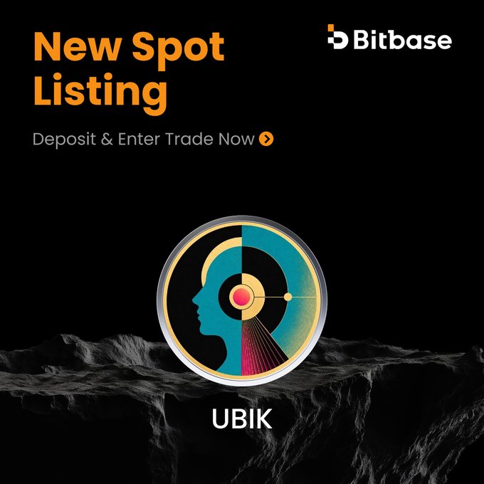 A Bitbase promotional graphic announcing the new spot listing of UBIK/USDT, featuring a stylized logo with a side-profile head and target design above a rocky landscape, with text reading "New Spot Listing - Deposit & Enter Trade Now" scheduled for September 4, 2026 at 08:00 am UTC.