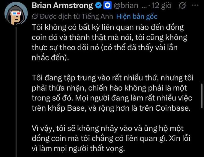 A Vietnamese-translated tweet from Brian Armstrong (@brian_...) stating he has no relation to a certain coin and won't endorse or jump into projects unrelated to him, apologizing for disappointing people.