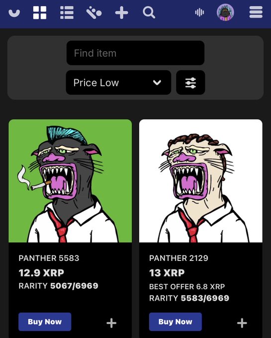 A digital marketplace interface displaying two 'PANTHER' NFT items priced in XRP.