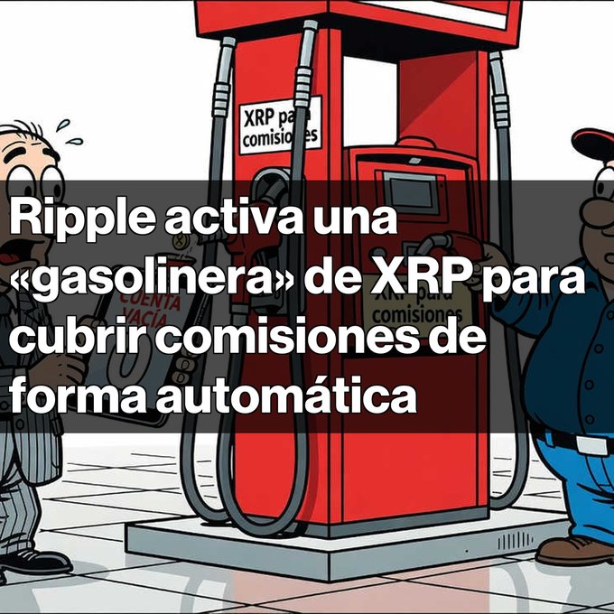 A cartoon illustration shows two men at a red gas station pump labeled "XRP para comisiones" (XRP for fees), with bold overlay text reading: "Ripple activa una «gasolinera» de XRP para cubrir comisiones de forma automática." The image visually personifies Ripple's new "Gas Station" feature—depicting it as a refueling station that automatically tops up XRP accounts needing to pay transaction fees on the XRP Ledger, matching the post's announcement about automatic fee coverage across XRPL, Solana, Tron, and EVM networks.