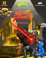 Colorful 'MEME MADNESS' NFT trading card artwork showing a cartoon cowboy character with a laser sword in a stylized urban setting, labeled 'CASH BANDITS' with 'CARDS' branding.