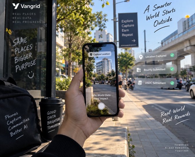 A Vangrid promotional image showing a hand holding a smartphone capturing a city street, with overlaid text including 'A Smarter World Starts Outside', 'Real World Real Rewards', and 'SAME PLACES BIGGER PURPOSE'.