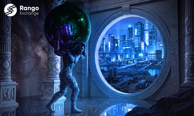 Sci-fi style artwork with the "Rango Exchange" logo, depicting an armored figure holding a large dark sphere while standing before an ornate circular window revealing a futuristic blue-lit cityscape.