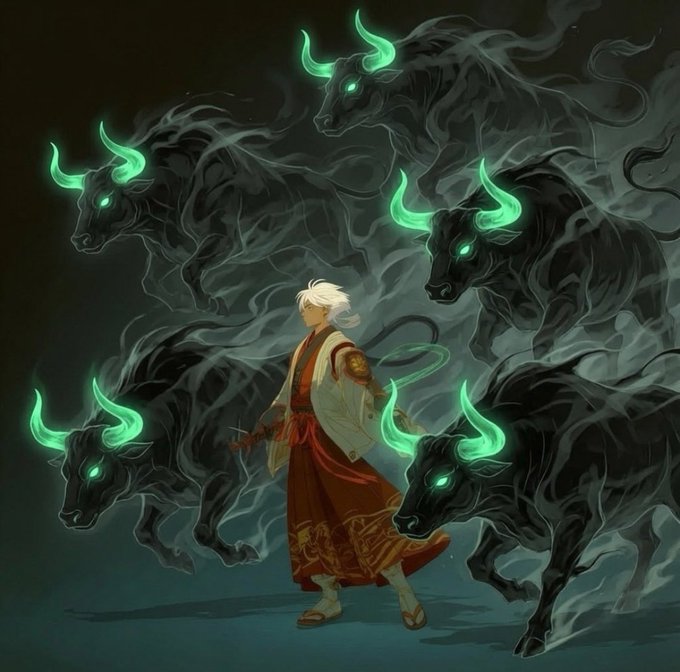 A fantasy illustration of a white-haired warrior in red robes surrounded by four ghostly black bulls with glowing green horns.
