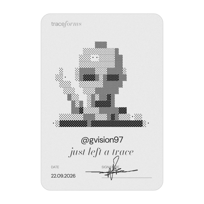 A stylized portrait made of halftone dots resembling a signature card, dated 22.09.2026, with text 'traceforms', '@gvision97', and 'just left a trace'.
