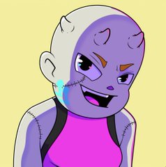 A cartoon drawing depicts a purple-skinned character with horns, a wide smile, and a tear, wearing a pink tank top against a yellow background.