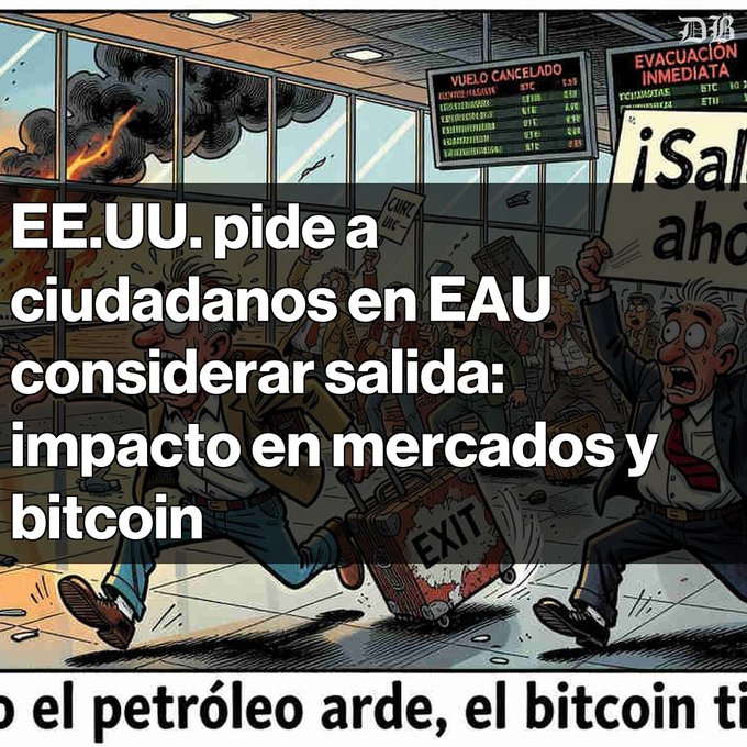 A cartoon illustration of a panicked airport scene with text in Spanish: 'EE.UU. pide a ciudadadanos en EAU considerar salida: impacto en mercados y bitcoin' (US asks citizens in UAE to consider departure: impact on markets and bitcoin).